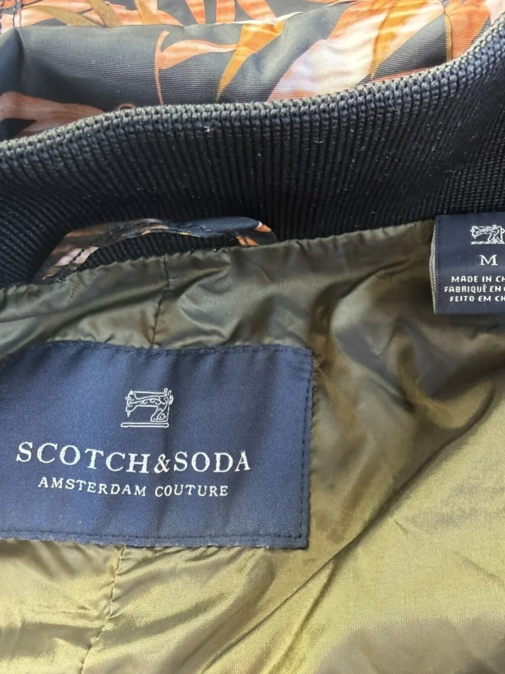 Scotch & Soda Amsterdam Bomber Jacket. Black Orange Tropical Palm Leaf Size M